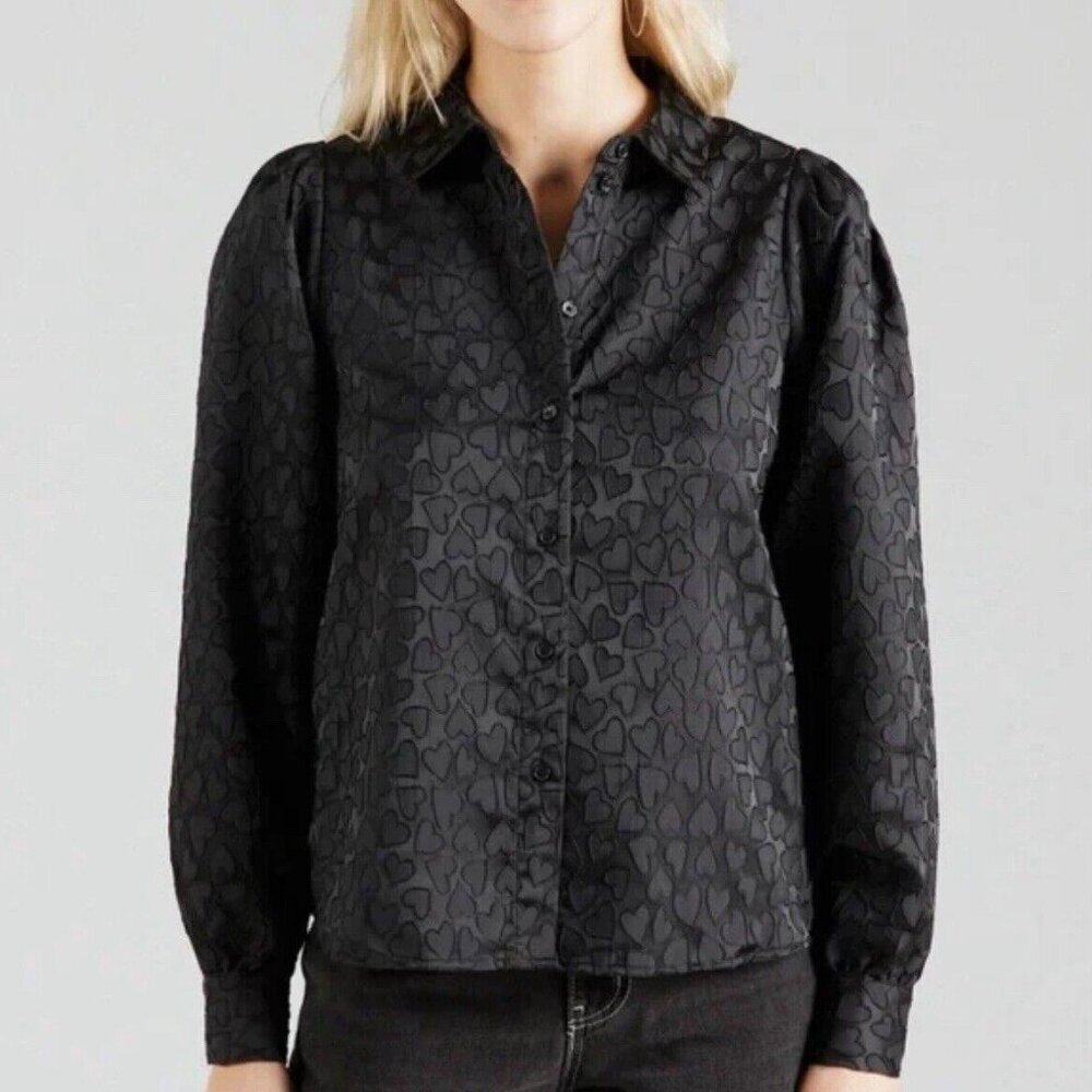 Vero Moda Black Heart Pattern Button Up Shirt Size M Valentines Dark Romance